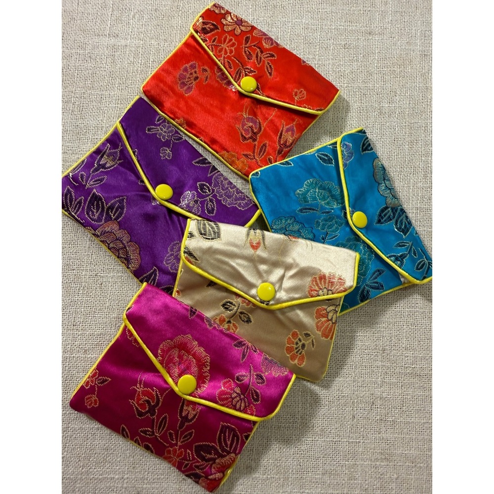 jewelry pouch Lot of 5 Floral jewel tone colorful gift bag souvenir china 4 in